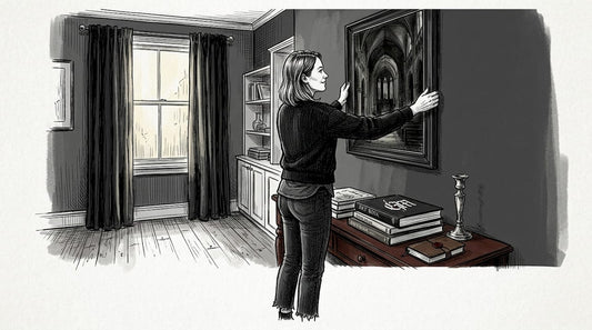 Gothic art collector arranging painting at home