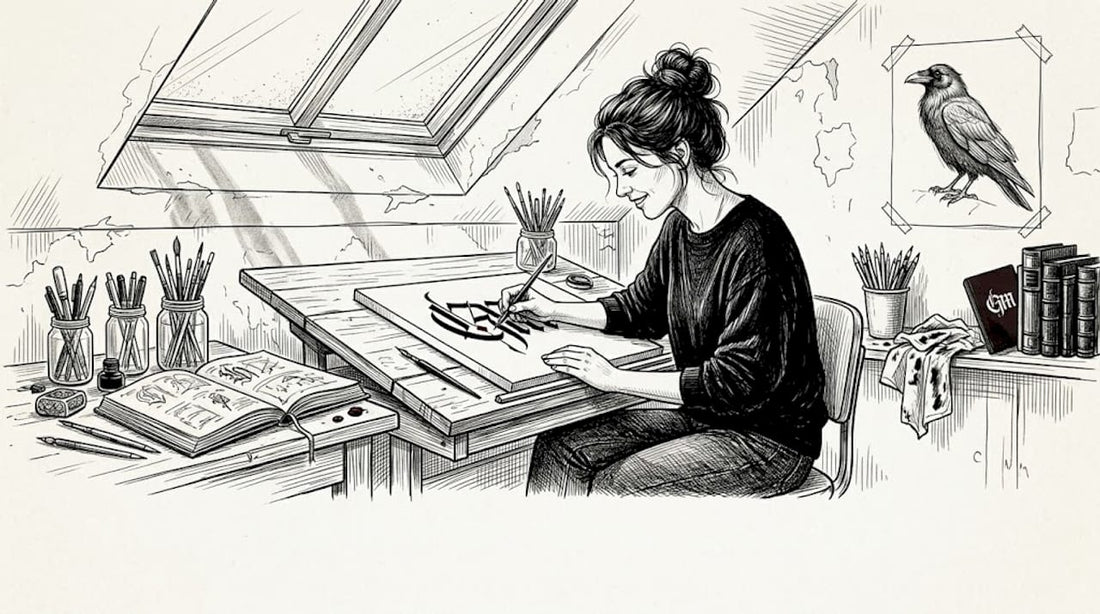 Artist painting gothic motifs in attic studio