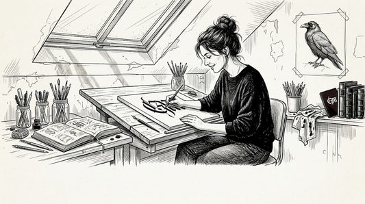 Artist painting gothic motifs in attic studio
