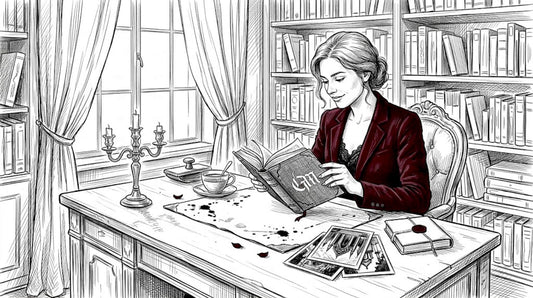 Woman in gothic study reading classic novel