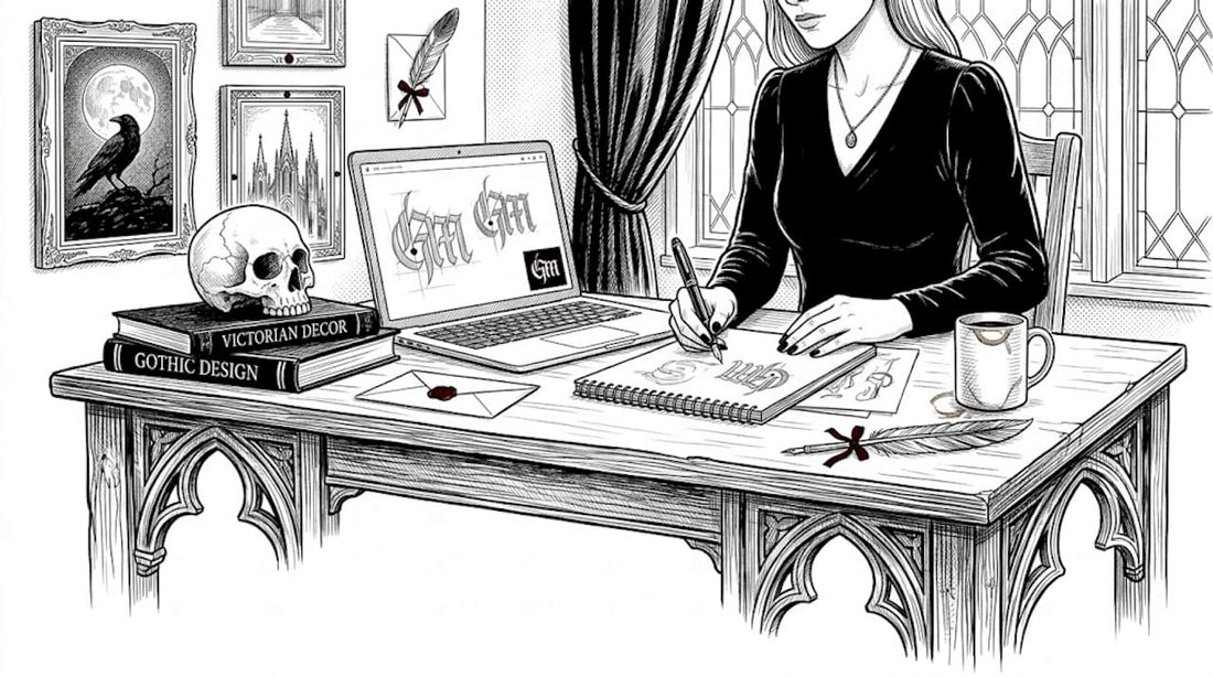 Designer sketching gothic branding concepts at desk