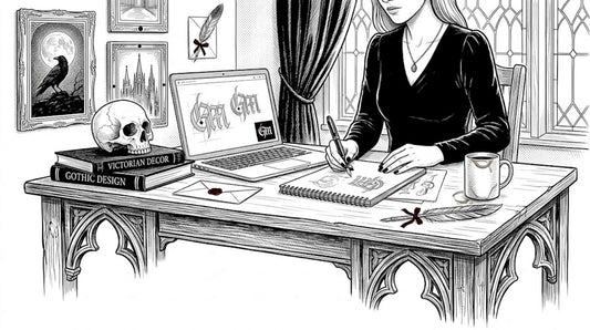 Designer sketching gothic branding concepts at desk
