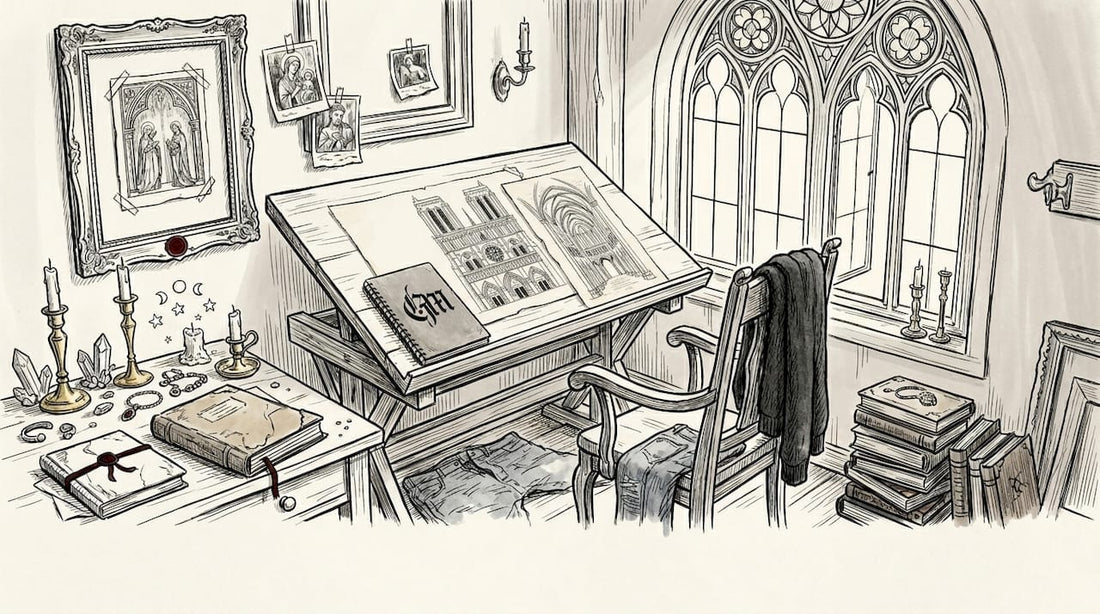 Artist sketching gothic motifs in studio