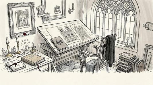 Artist sketching gothic motifs in studio