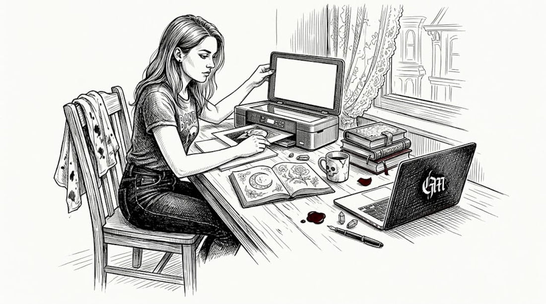 Gothic artist scanning artwork in home studio