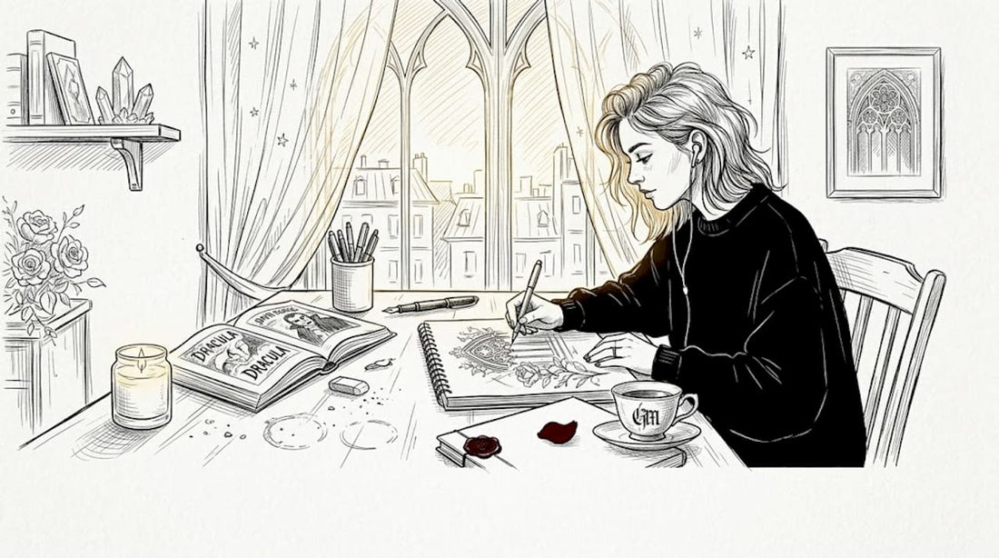 Designer sketching horror motifs at desk