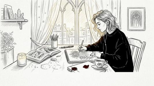 Designer sketching horror motifs at desk