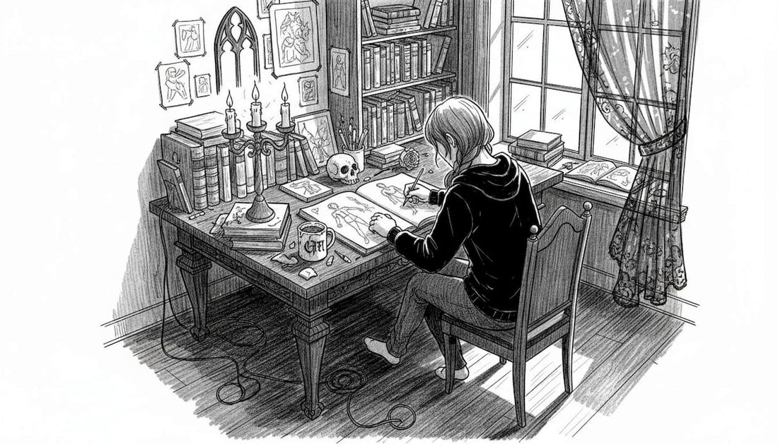 Gothic artist working in home studio