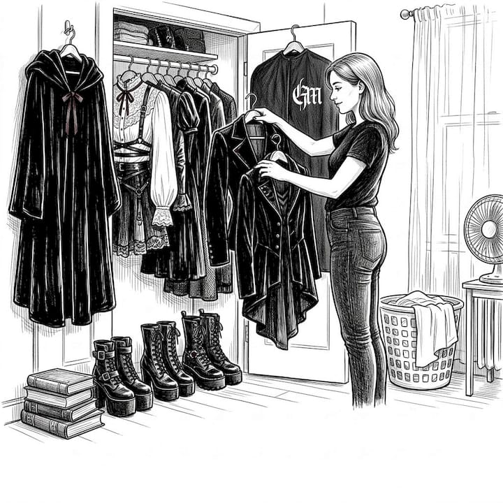 Person organizing gothic clothing in home closet