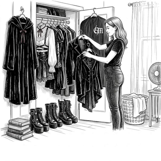 Person organizing gothic clothing in home closet