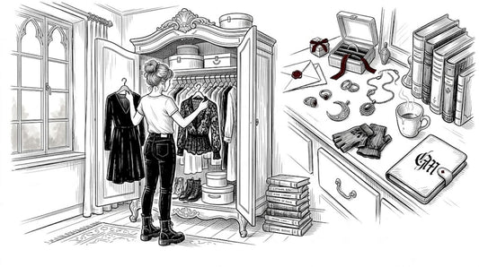 Woman choosing gothic outfit in bedroom closet