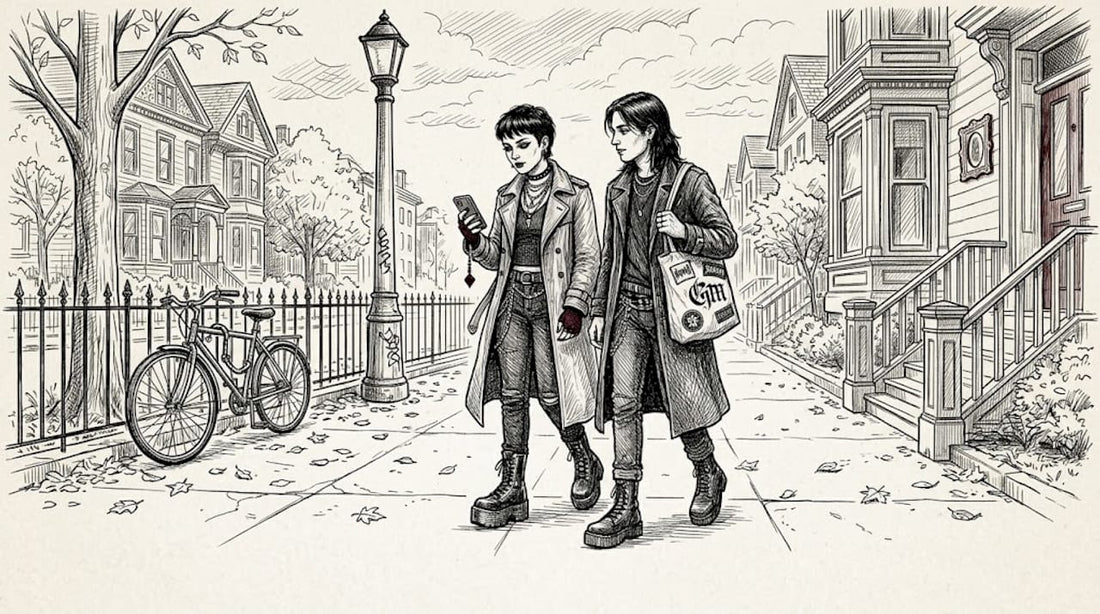 Friends in goth outfits walking in city