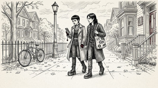 Friends in goth outfits walking in city