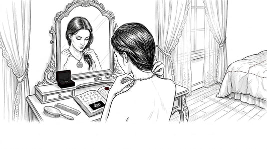 Woman puts on occult pendant at home vanity