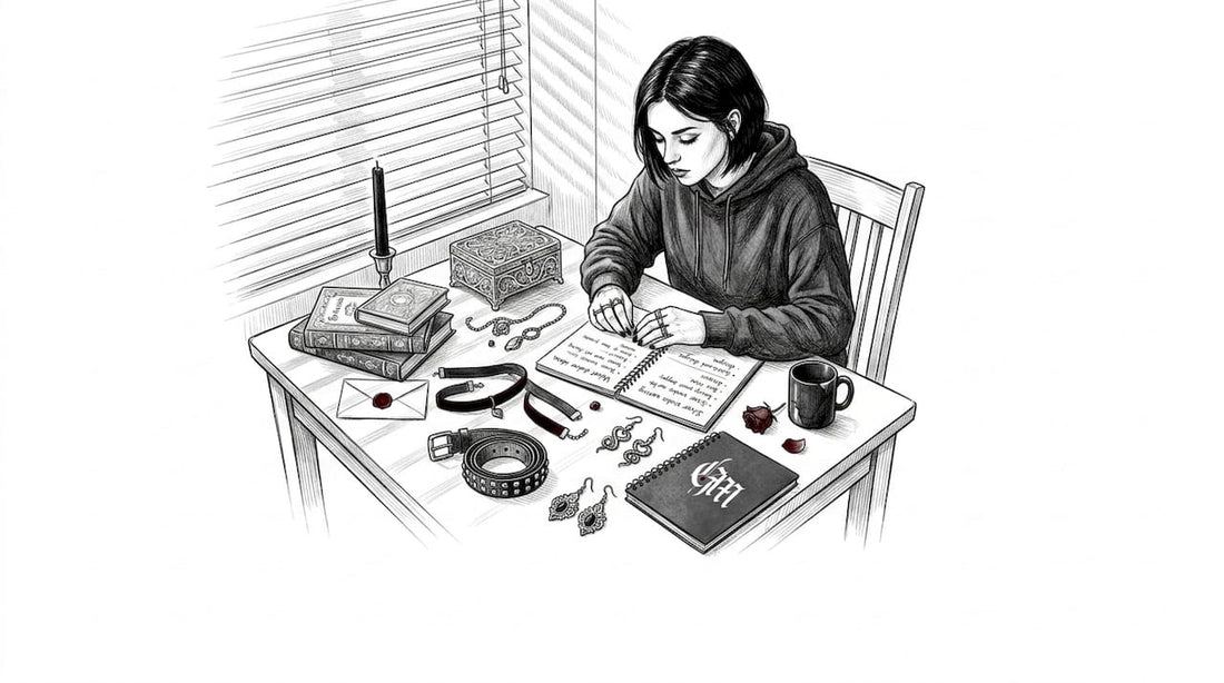 Woman sorting gothic accessories at apartment table