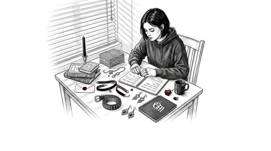 Woman sorting gothic accessories at apartment table