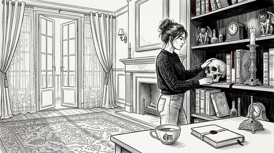 Woman arranging gothic collectibles on shelf