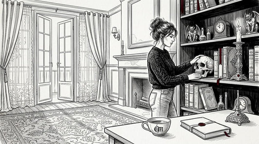 Woman arranging gothic collectibles on shelf