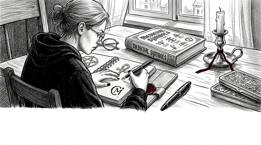 Person sketching occult symbols at apartment table
