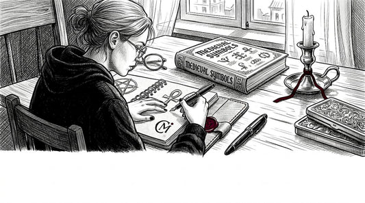 Person sketching occult symbols at apartment table