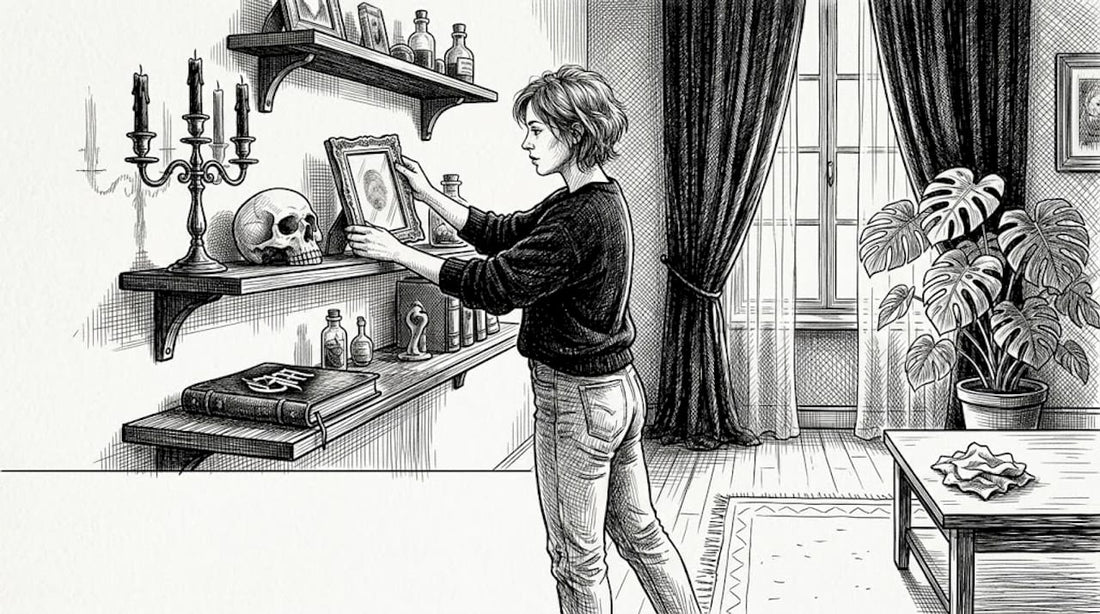 Woman arranging gothic collectibles on shelf