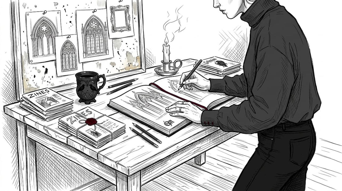 Artist sketching in lived-in studio workspace