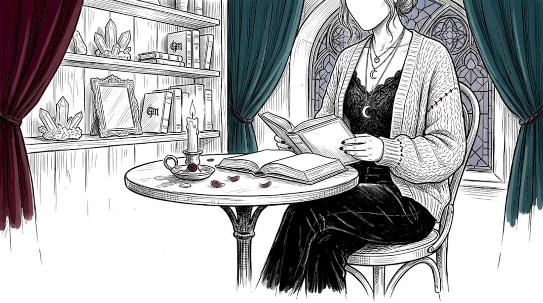 Woman reading in witchcore styled living room