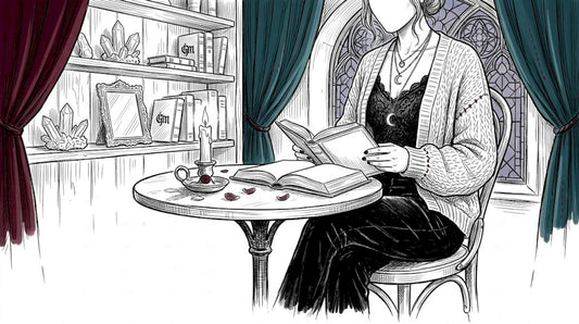 Woman reading in witchcore styled living room