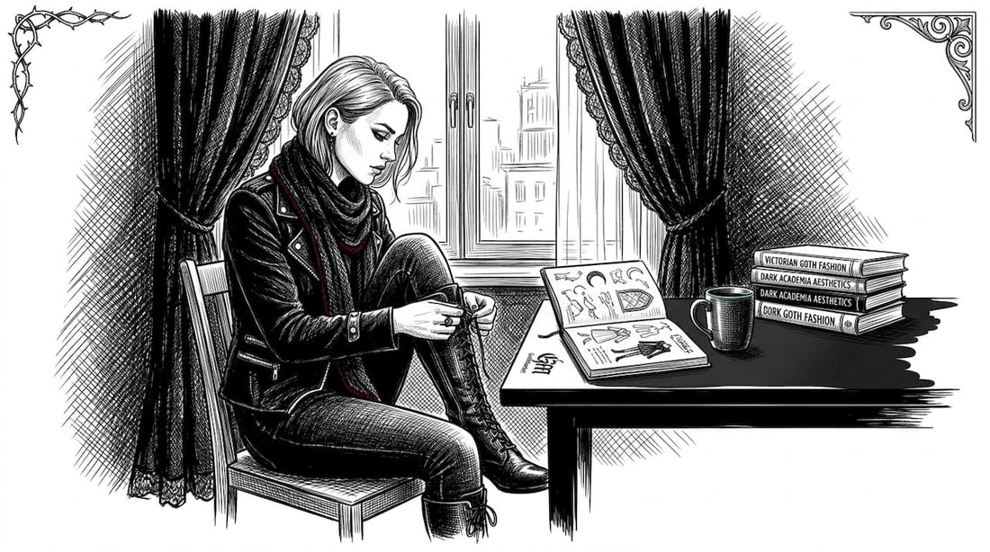 Woman in dark fashion dressing at dining table