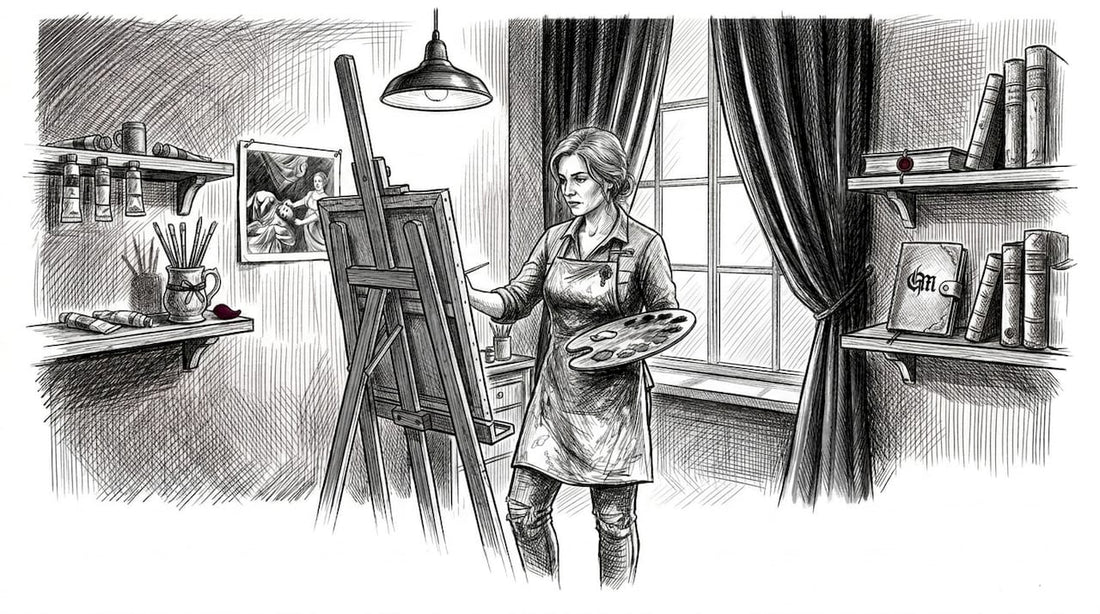 Artist mixes paint in chiaroscuro-lit studio