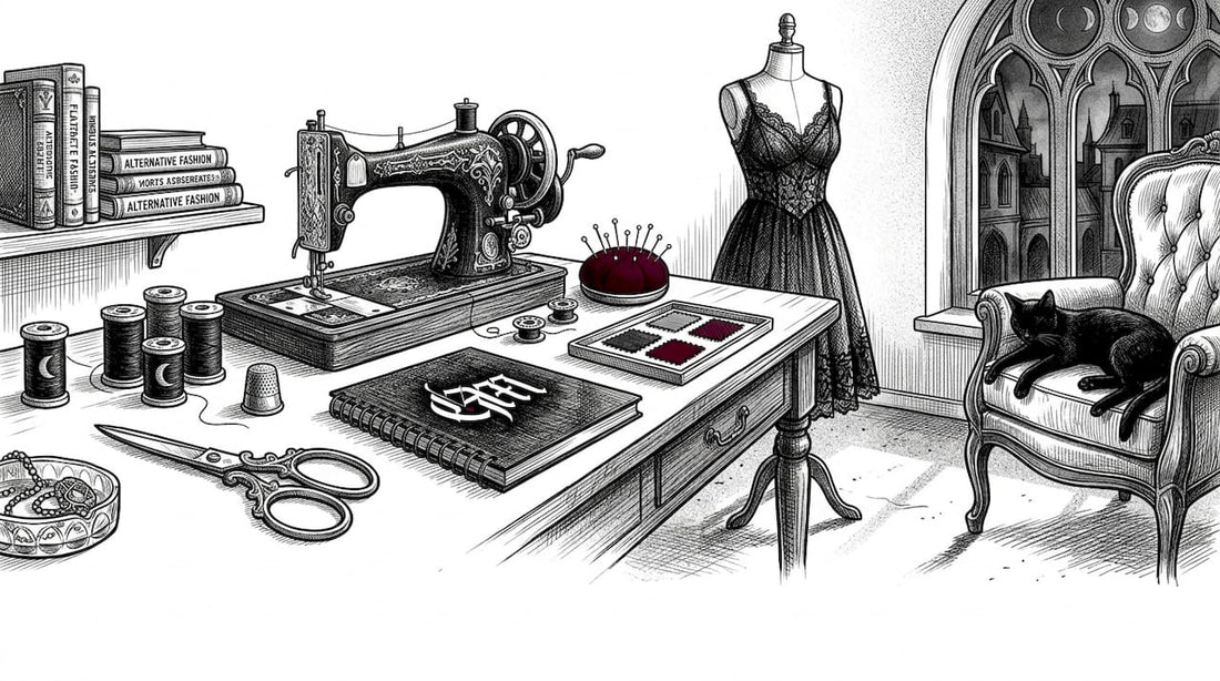 Gothic fashion hobbyist in home sewing studio