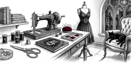 Gothic fashion hobbyist in home sewing studio