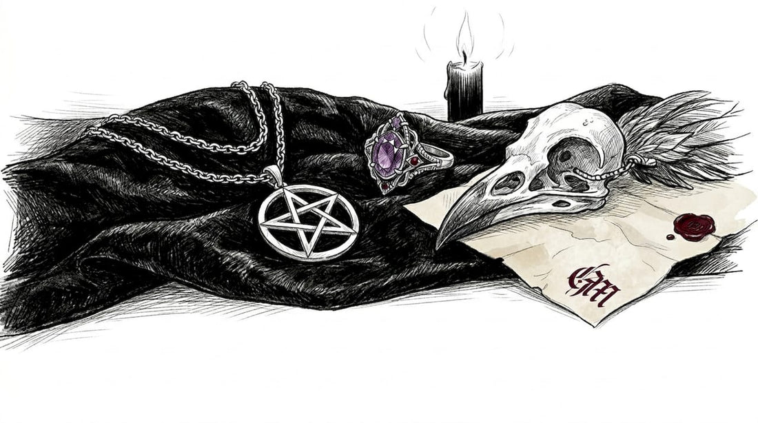 Gothic occult jewelry pieces on black velvet