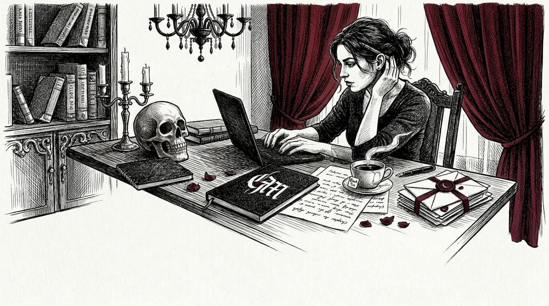 Writer crafting gothic product descriptions in home office