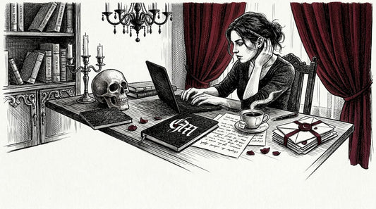 Writer crafting gothic product descriptions in home office