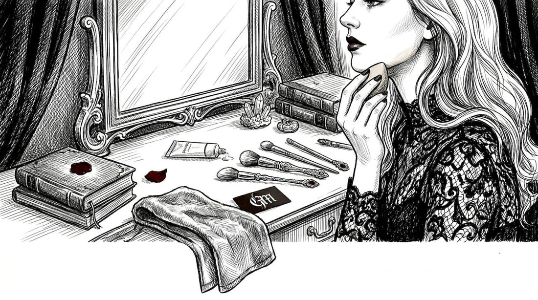 Woman applying gothic makeup at vanity