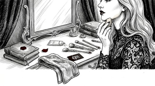 Woman applying gothic makeup at vanity