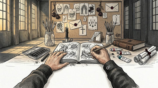 Artist sketching on cluttered studio table