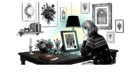 Woman evaluating gothic artwork at home