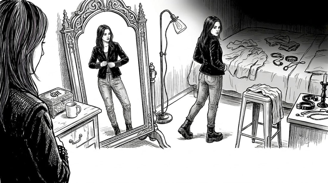 Woman trying on gothic jacket in apartment