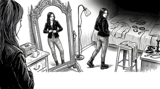 Woman trying on gothic jacket in apartment