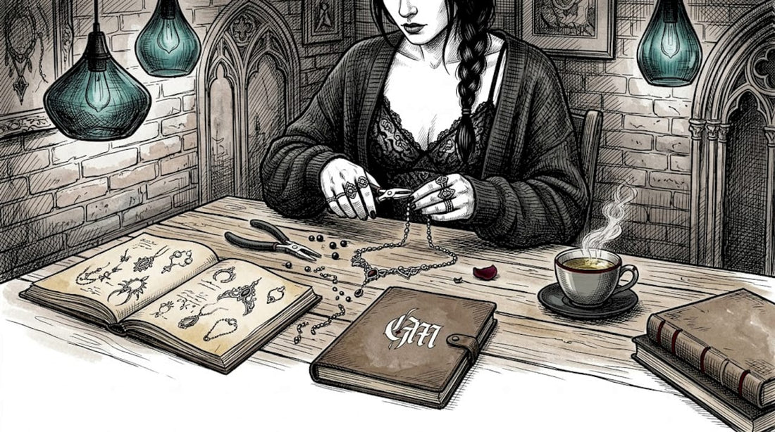 Jewelry maker handcrafting goth necklace at kitchen table