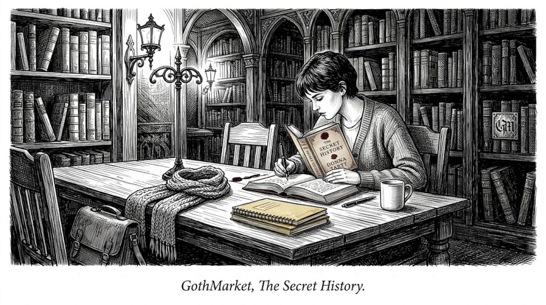 Student annotating novel in Gothic library
