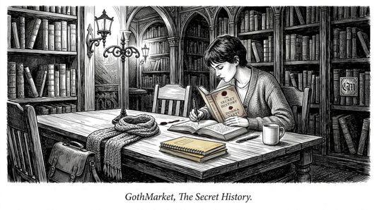 Student annotating novel in Gothic library