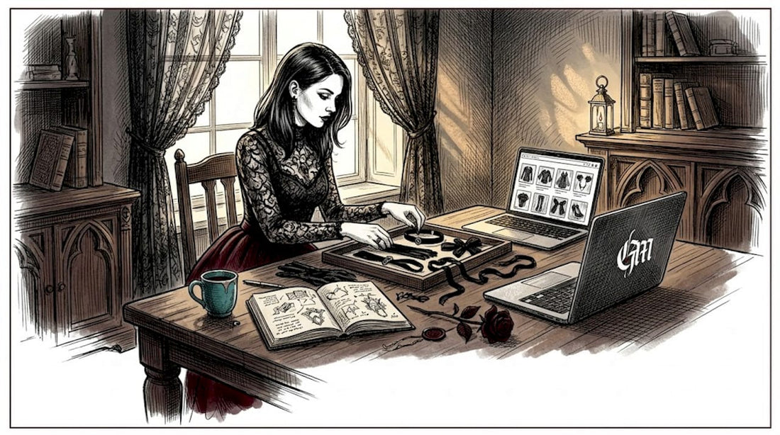 Woman planning gothic product marketing at desk