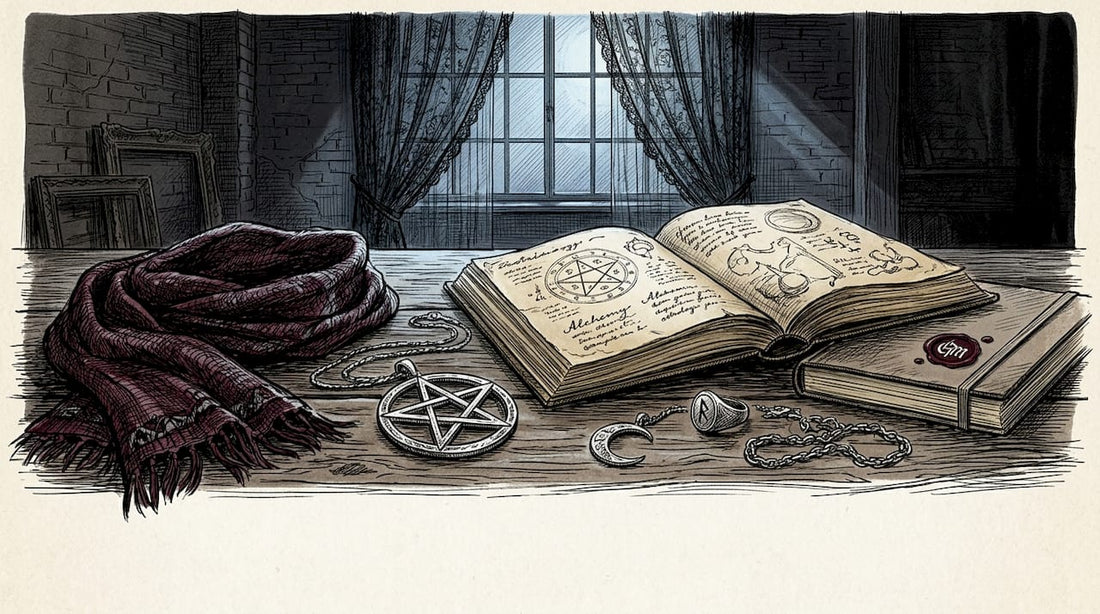 Person examining occult pendant at home table