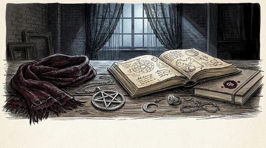 Person examining occult pendant at home table