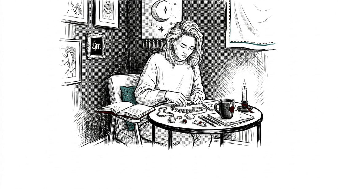 Woman arranging art supplies in cozy home