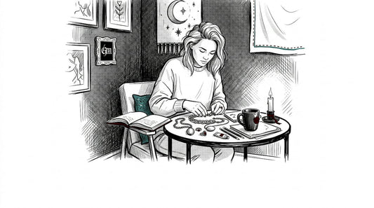 Woman arranging art supplies in cozy home