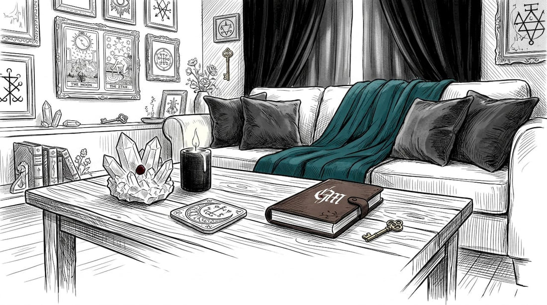 Occult-themed living room with crystals and pentagram decor